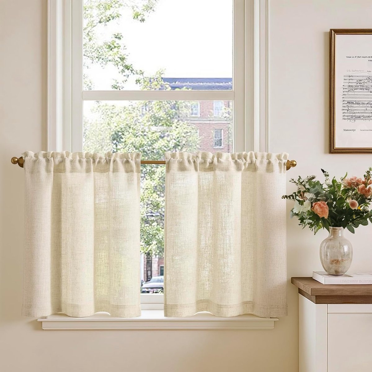 Glasgordijnen, vitrage, linnen, bistrogordijnen, vlas, halftransparant, lichtfiltering, modern, voor woonkamer of keuken, landelijke stijl, kleine ramen, set van 2, 65 x 115 cm, natuurlijk