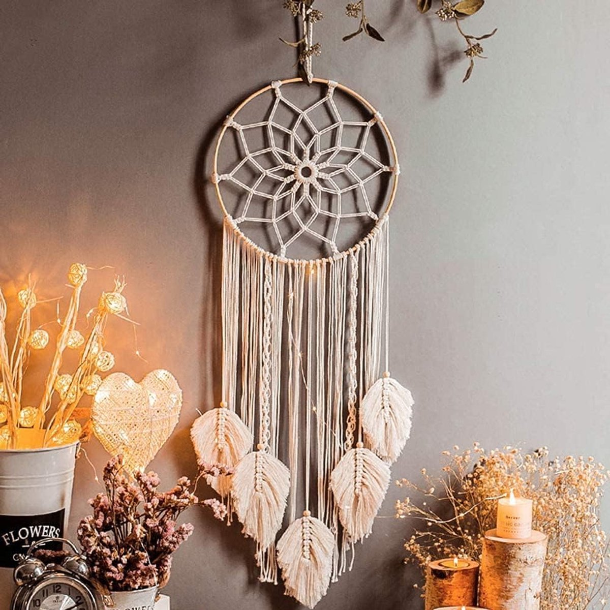 Dream Catcher in macrame, handgemaakt, wanddecoratie, voor slaapkamer, woonkamer, bruiloft, babyshower, huisdecoratie, voor meisjes, kinderen, cadeau, 5 bladeren, mandala