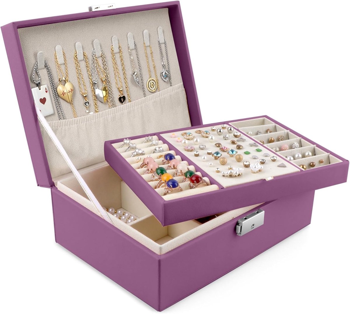 SnelShoppen - Groot Sieradendoosje met Slot van Leer voor Dames, 2 Niveaus, Violet, Perfect voor Sieraden Opslag en Organisatie