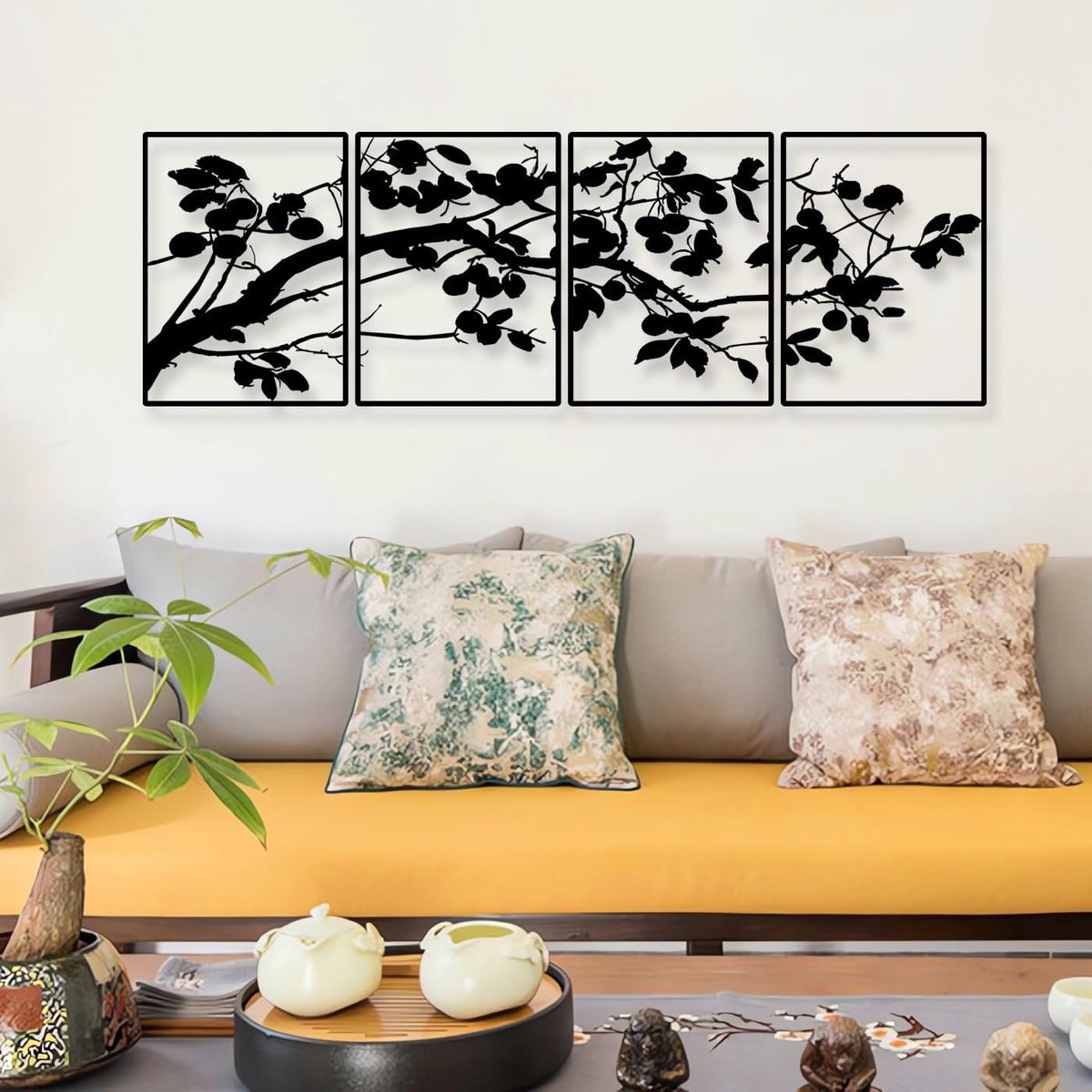 Zwarte Boomtak Metalen Muurkunst Decor, Moderne Tak Muurdecoratie, Boom Opknoping Bord, Sculptuur voor Muurdecoratie, Pack van 4 (Totaal 47 x 15,7 Inch)