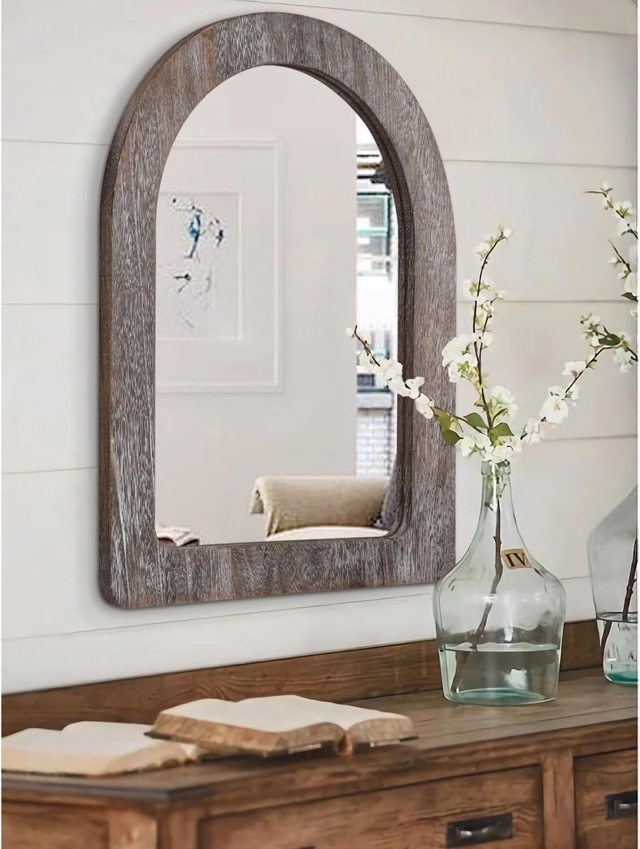 Rustieke Wandspiegel met Houten Frame - Vintage Boogvormige Spiegel 65x45cm voor Badkamer, Slaapkamer en Woonkamer Decoratie