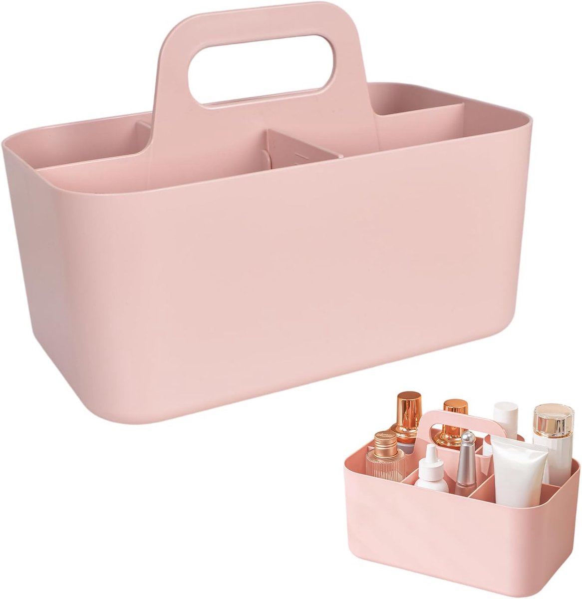 SnelShoppen - Multifunctionele Plastic Basket Organiser met Handvat en 10 Stickers, 5 Compartimenten, 24x15x11 cm, Roze Opbergdoos voor Badkamer, Kant