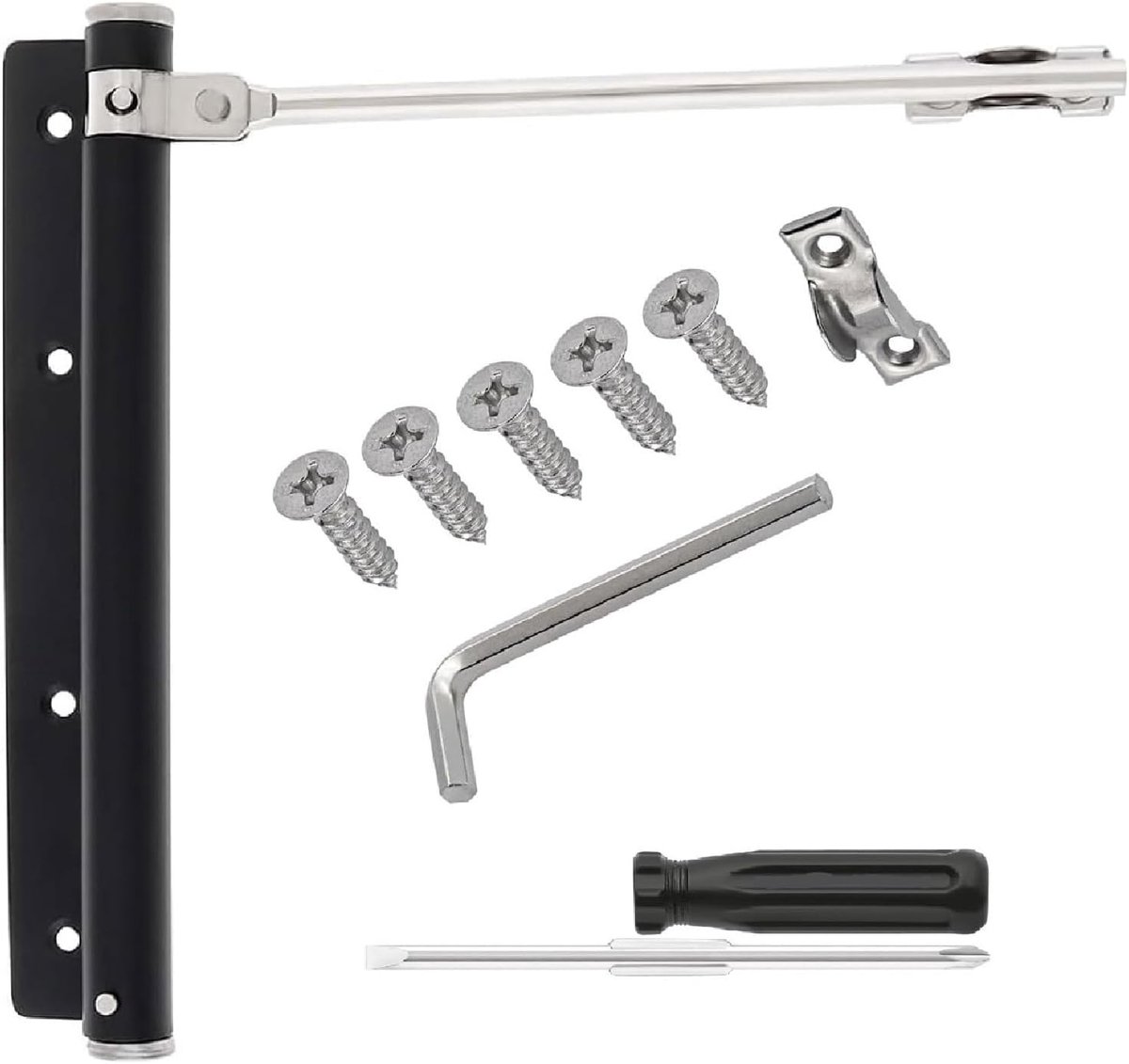 Deursluiter, stangdeursluiter, automatische deurveer, roestvrij staal, instelbare deurleuning met schroevendraaier voor stille kamerdeuren voor buiten, binnendeur, tuinpoort (zwart)