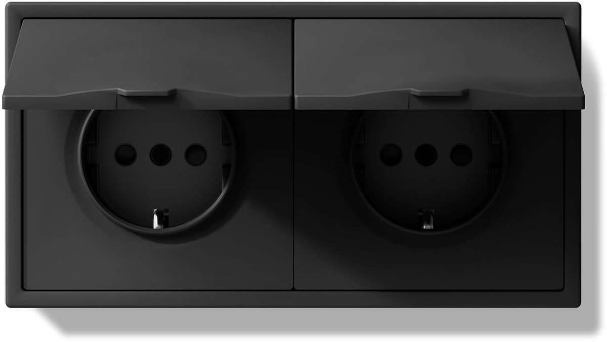 Wandcontactdoos met waterdicht deksel, dubbel stopcontact voor pc, met haak, zwart, 2 versnellingen, 150 x 80 mm