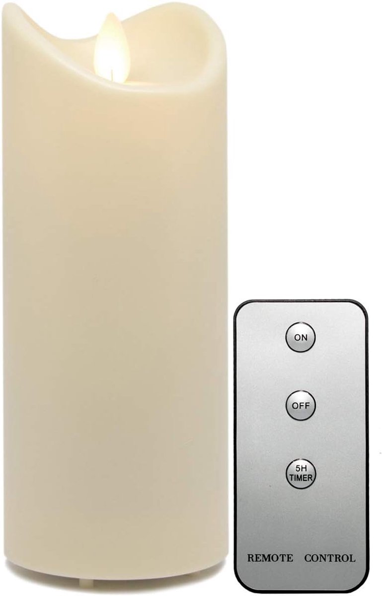 Ø7x18cm LED Outdoor Kaars - vlamlose Pijler Kaars met Timer Afstandsbediening - Beweegbare Flikkerende Vlam - Waterdicht Batterijvoeding Crème