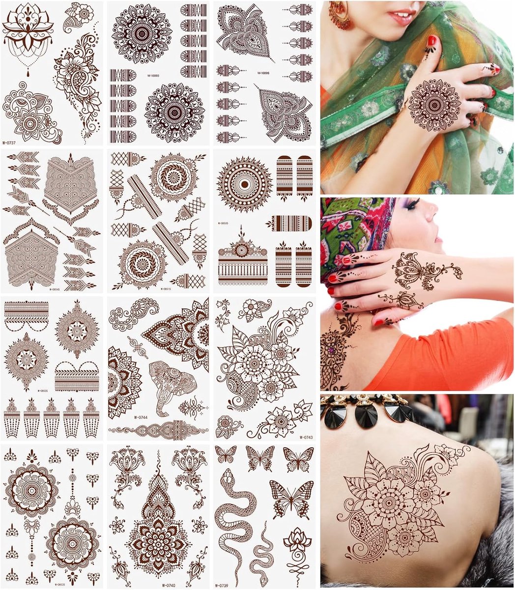 Tijdelijke tattoo sticker, 7 vellen Indiase Mandala bloem tattoo stencils voor vrouwen meisjes, waterdichte body sticker voor nek borst arm, body art sticker (7pcs)