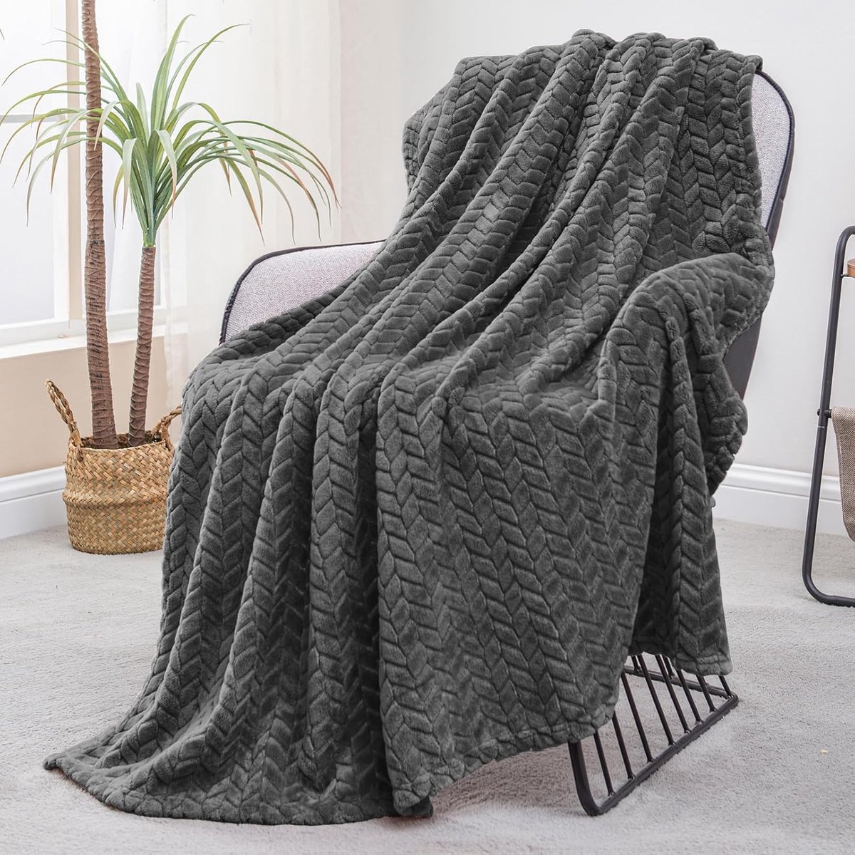 Mezcla Fleece deken voor bank, banksprei, donkergrijs | 127 x 178 cm, extra groot, jacquardpatroon, superzacht, gezellig en ademend, lichtgewicht, donzig pluche, het hele seizoen