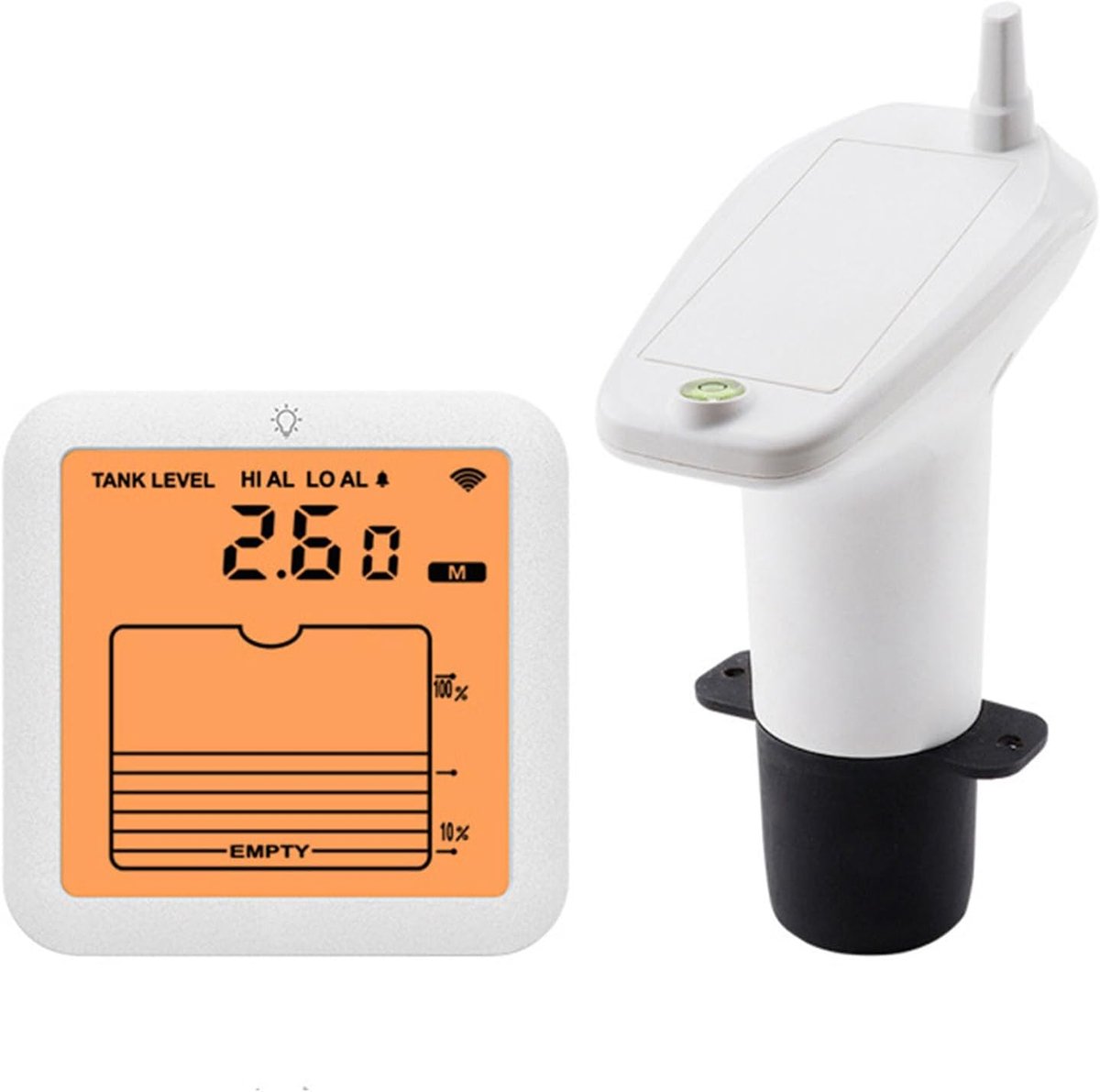 Ultrasone Waterniveaumeter, Draadloze Waterniveausensor met Hoog Laag Alarm en Verlicht LCD-scherm, voor Monitoring van Industriële Watertanks Thuis