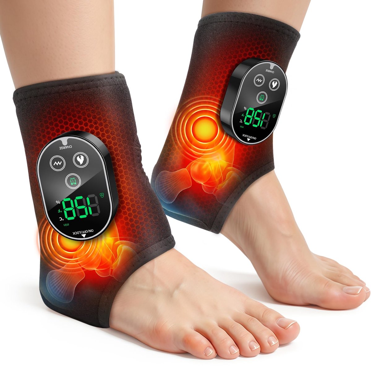 2 Stuks Draadloze Voetmassageapparaten Voor Neuropathie - Enkelmassageapparaat Voor Pijnverlichting - Verwarmend Enkelkussen Voor Verlichting Van Plantaire Fasciitis - Zwart