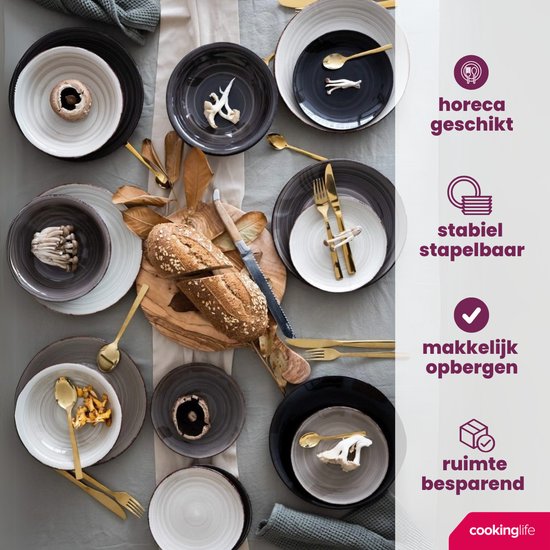 Grijze dinerborden met bruine spetters, stapelbaar en geschikt voor horeca.