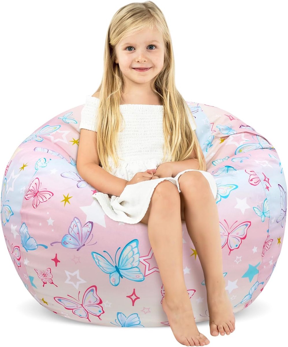 SnelShoppen - Zitzak voor Kinderen, Grote Opbergzak voor Knuffeldieren, Kleurrijke Vlinder, Ideaal voor Binnen en Buiten, Perfect voor Meisjes en Jong