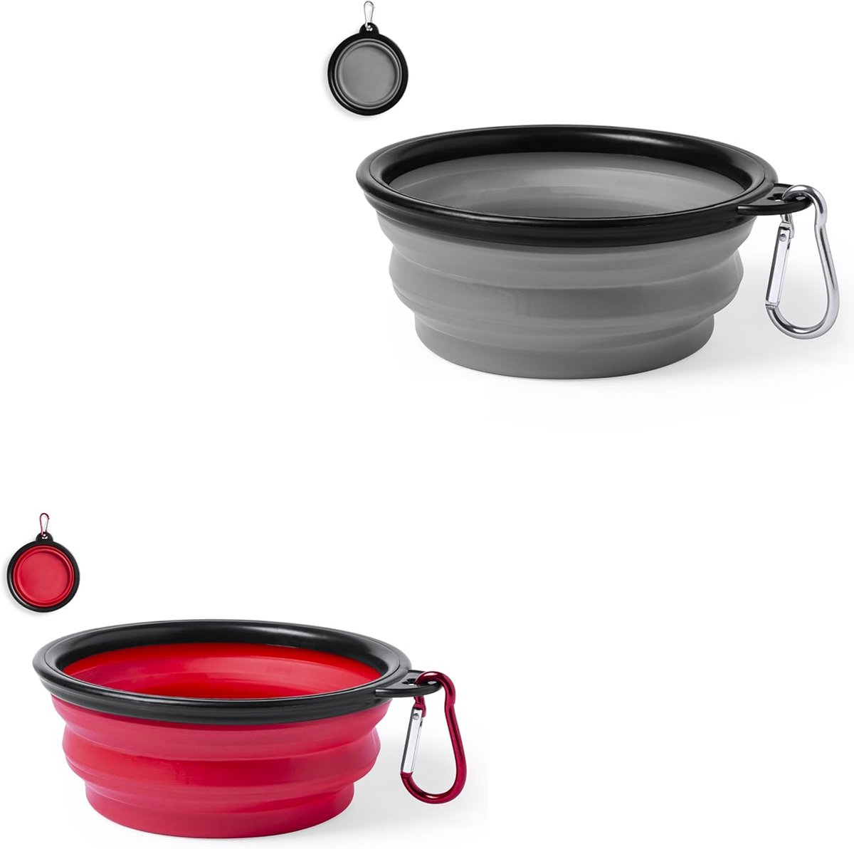 2 stuks hondenbakken, opvouwbare reisbak, reisschaal, lekvrije hondenbak, voederbak met bergbeklimkarabiner voor katten, honden en huisdieren voor water en voer, vakantie, autoriteis (grijs-rood)