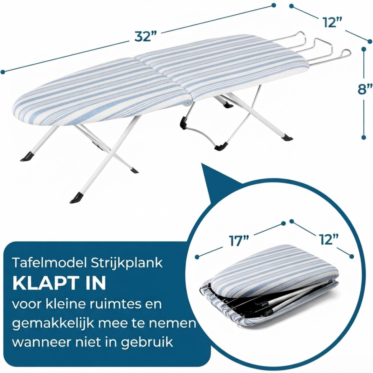SP® Strijkplank - Strijkplanken - Inklapbare Strijktafel - Wit/Lichtblauw - 82cm x 31cm x 18cm