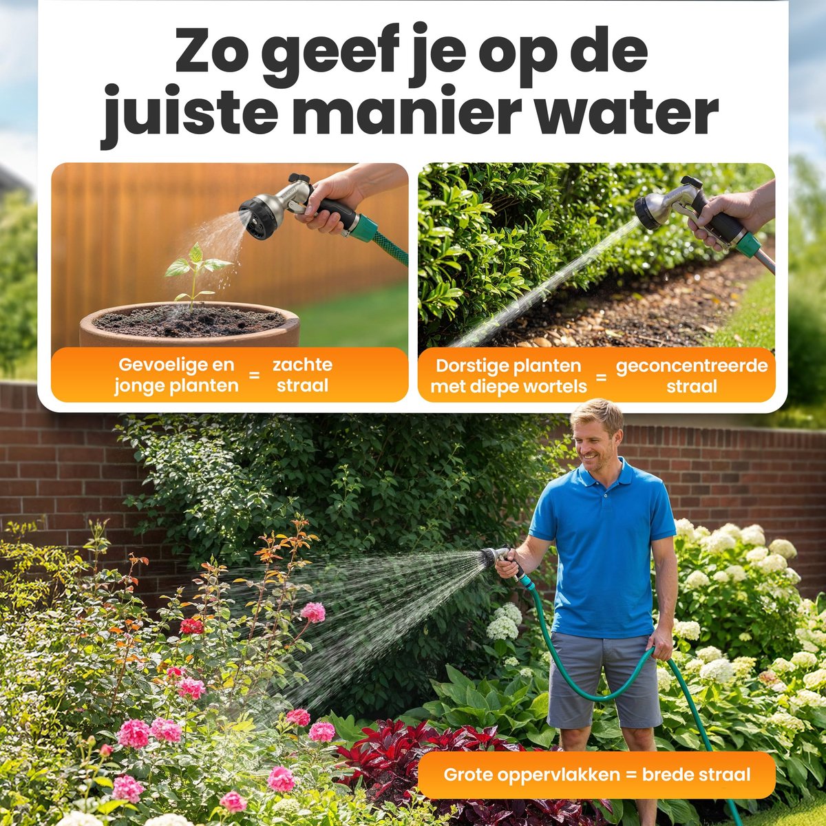 SnelShoppen - Tuinsproeier Metaal met 7 Sproeistanden - Multifunctionele Tuinspuit met Regelbare Waterdruk en Messing Adapter voor Tuin, Terras, Hof e