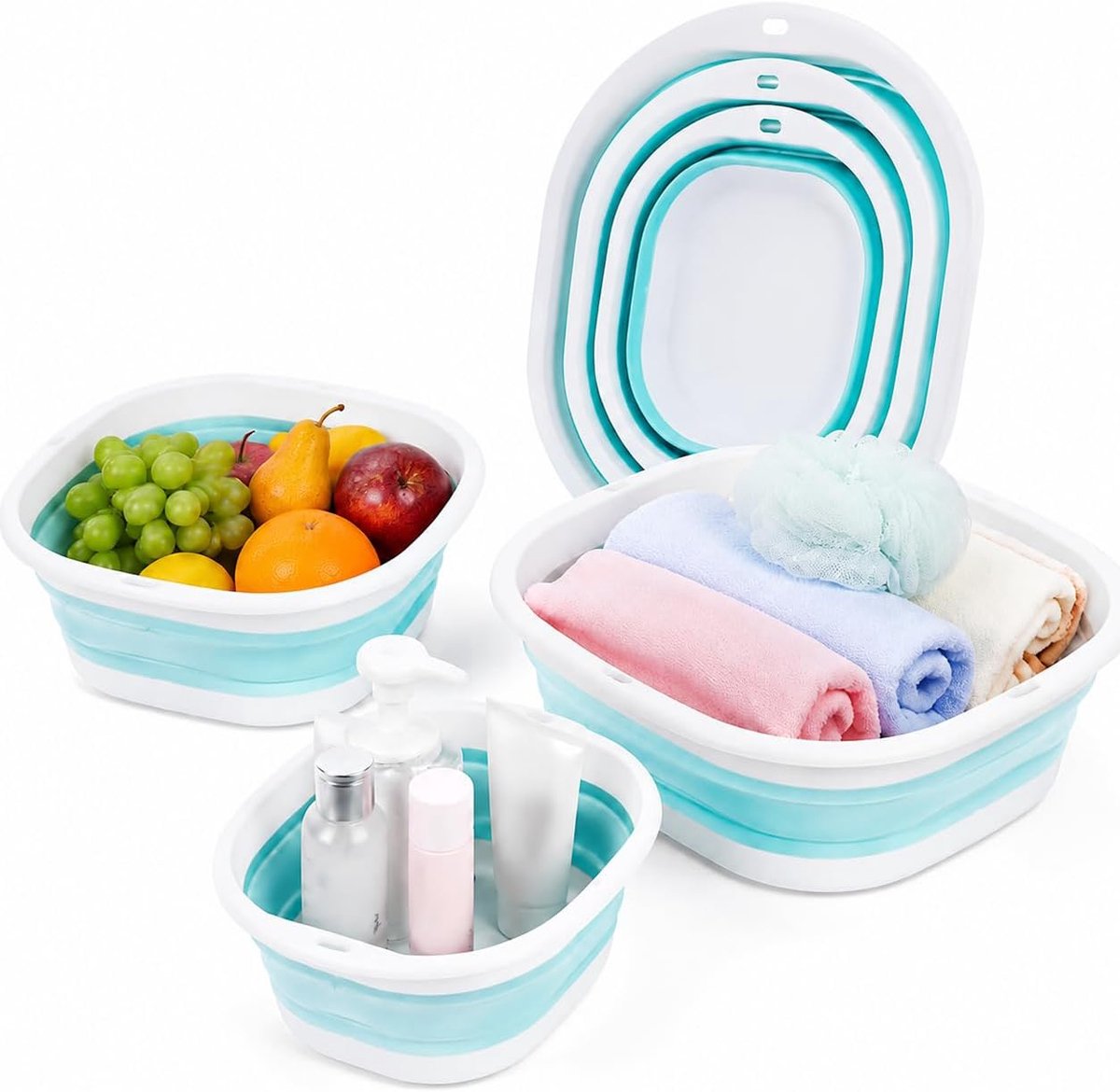 3-delige set opvouwbare wasbakken, 3 maten opvouwbare schaal voor camping, draagbare opvouwbare wasbak, ruimtebesparende vouwbare emmer voor keuken, huis, reizen en outdoor - Blauw