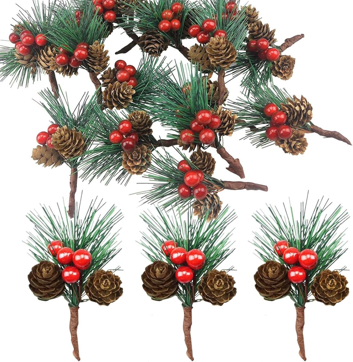 Set van 20 kunstdennentakken met rode bessen en ananas, kerstdecoratie, adventskrans, feestelijke slinger, doe-het-zelf en kerstboomversiering