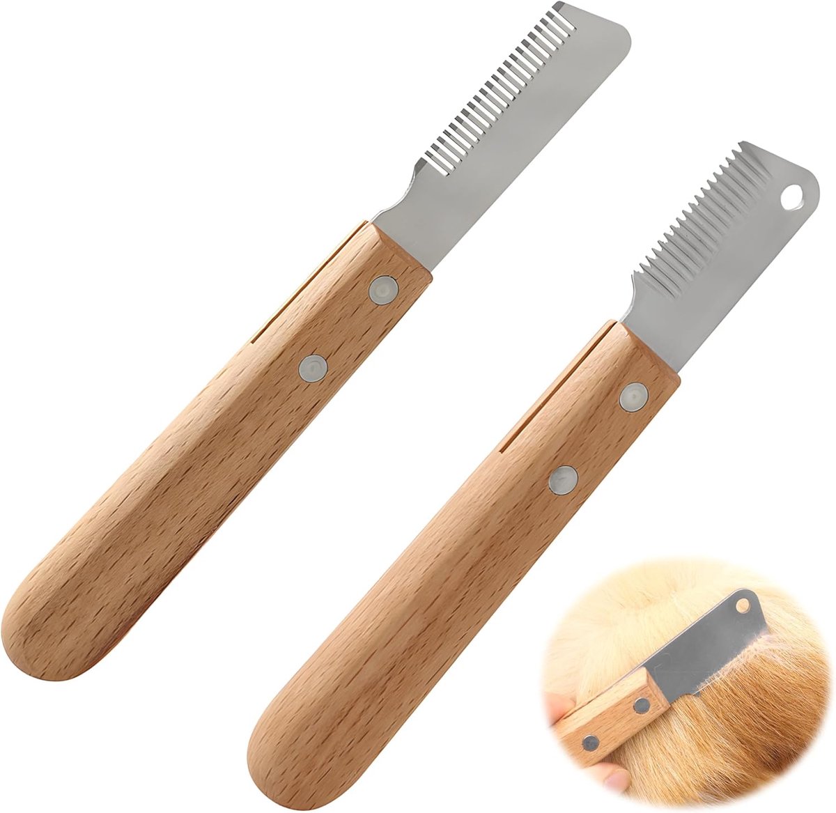 2 stuks trimmessen voor honden, hondentrimmes met houten handvat, set huisdiertrimmer, roestvrij staal, trimmeset, trimmes, verzorgingsmes, vachtverzorging, gereedschap voor lang en kort haar