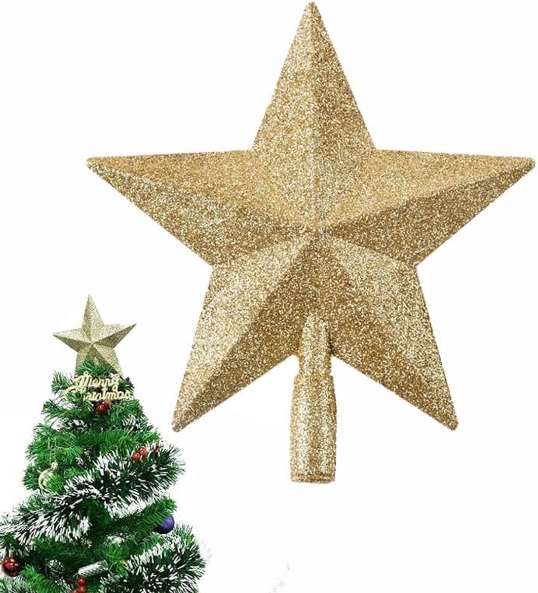 Kerstboompiek met gouden glitter, kerstboompiek in stervorm, kerstboomversiering, kerstboomversiering van kunststof, kerstversiering