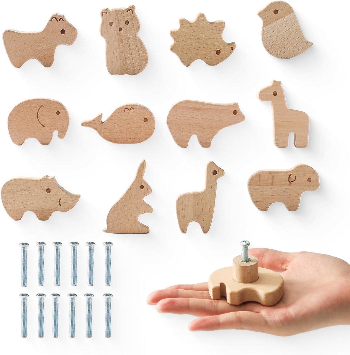 12 stuks houten kastknoppen voor kinderkamer, meubelknoppen in verschillende dierenvormen met schroeven, houten handgrepen voor kasten, deurknoppen voor kinderen
