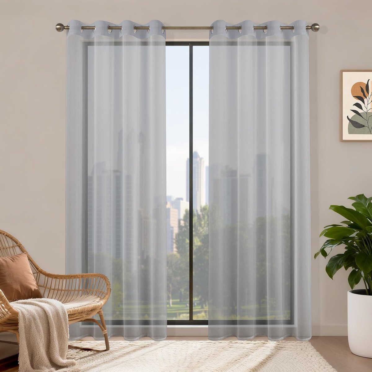 gordijnen met ringen set van 2, H 200 x B 140 Store gordijnen grijs transparant, doorzichtige gordijnen, gordijnen met ringen, lus sjaal voor slaapkamer woonkamer keuken Sheer Curtains