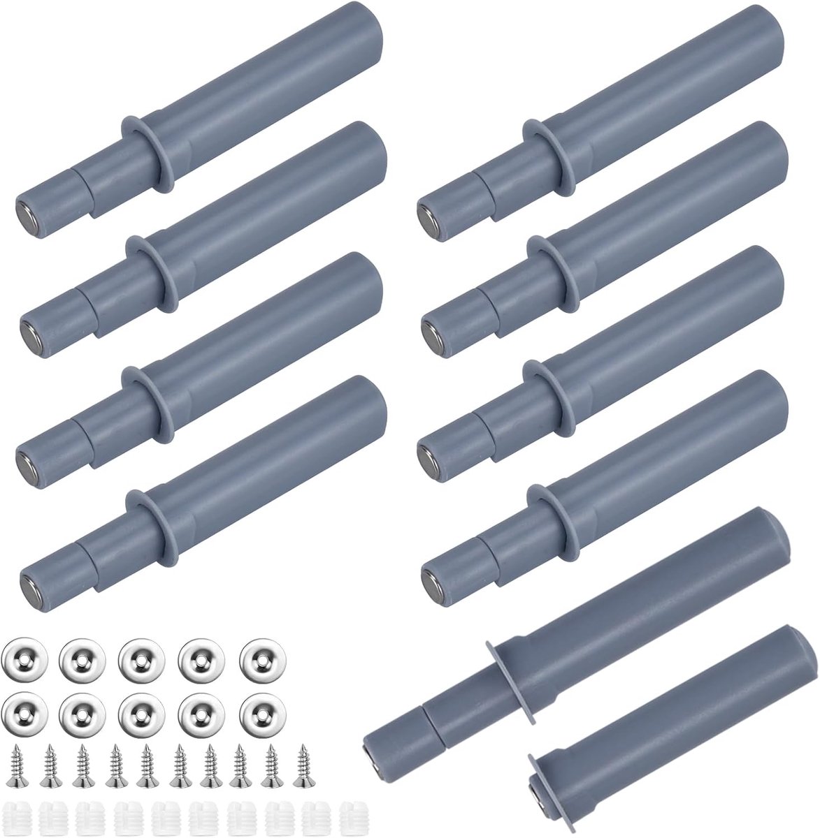 10 stuks push-to-open-ladesysteem, schokdemper, deursluitsysteem, 45 mm, push-pull-systeem met schroeven, push-to-open, magnetisch, vergrendeling voor deuren, kasten, meubels, kast, grijs