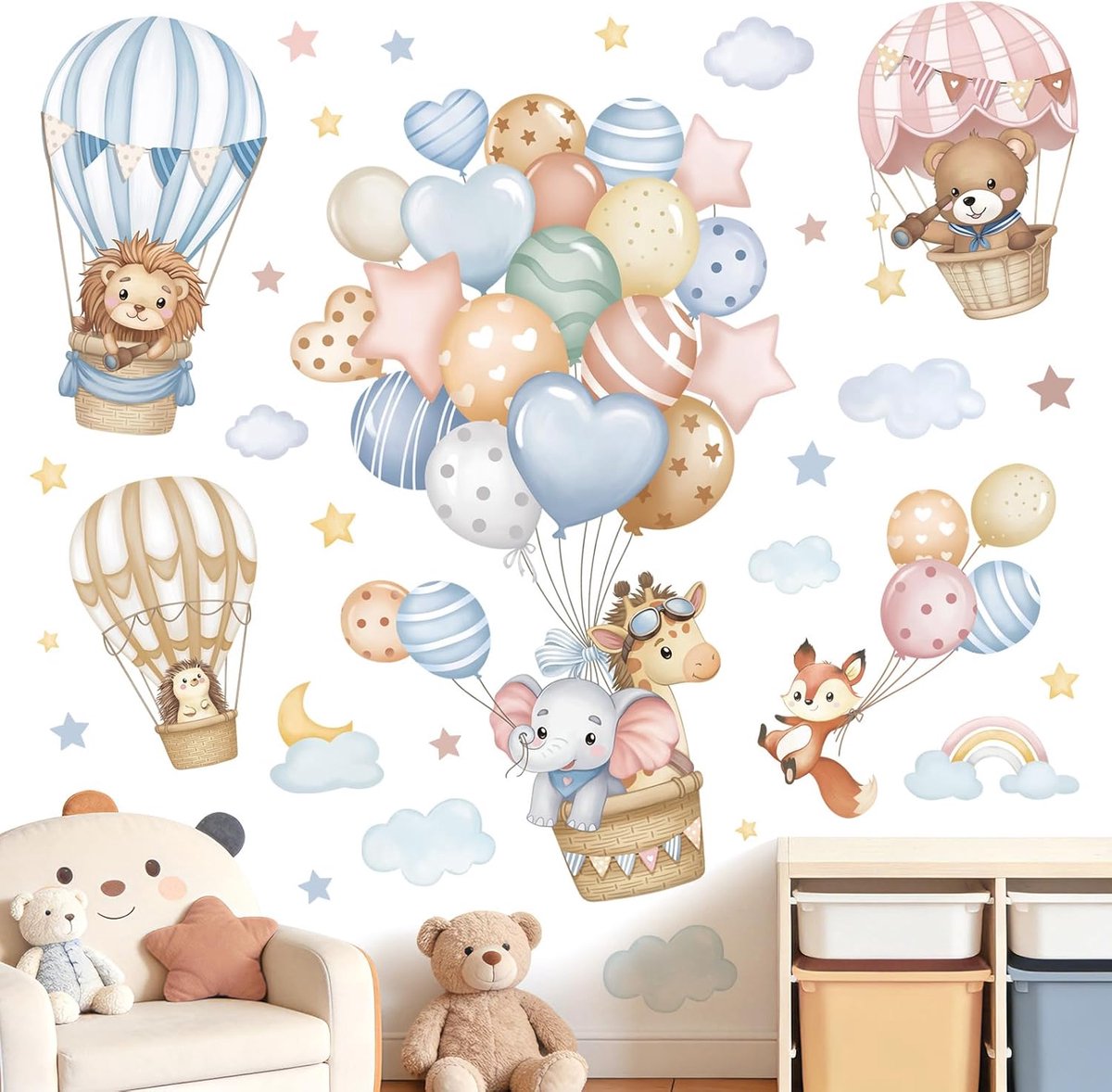Muurstickers aquarel heteluchtballon olifant giraffe beer schil en stok muurkunst stickers voor kinderen kinderkamer kinderen slaapkamer woonkamer