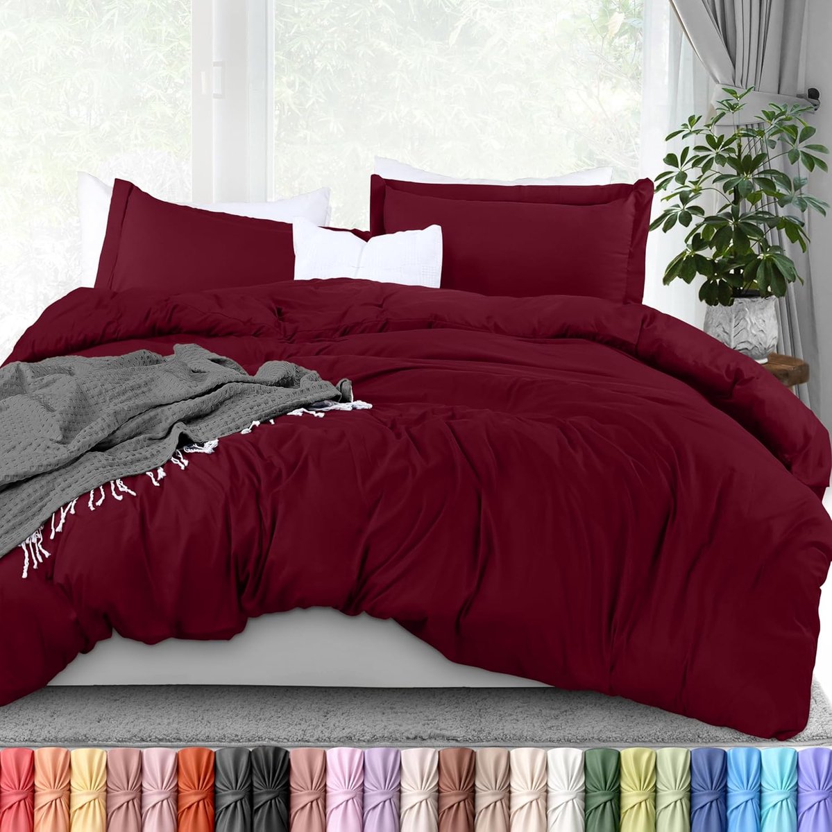 Dekbedovertrek queensize - 1 dekbedovertrek met 2 kussenslopen - 3-delig beddengoed met ritssluiting - zacht geborsteld microvezel, 229 x 229 cm (queensize, wijnrood)