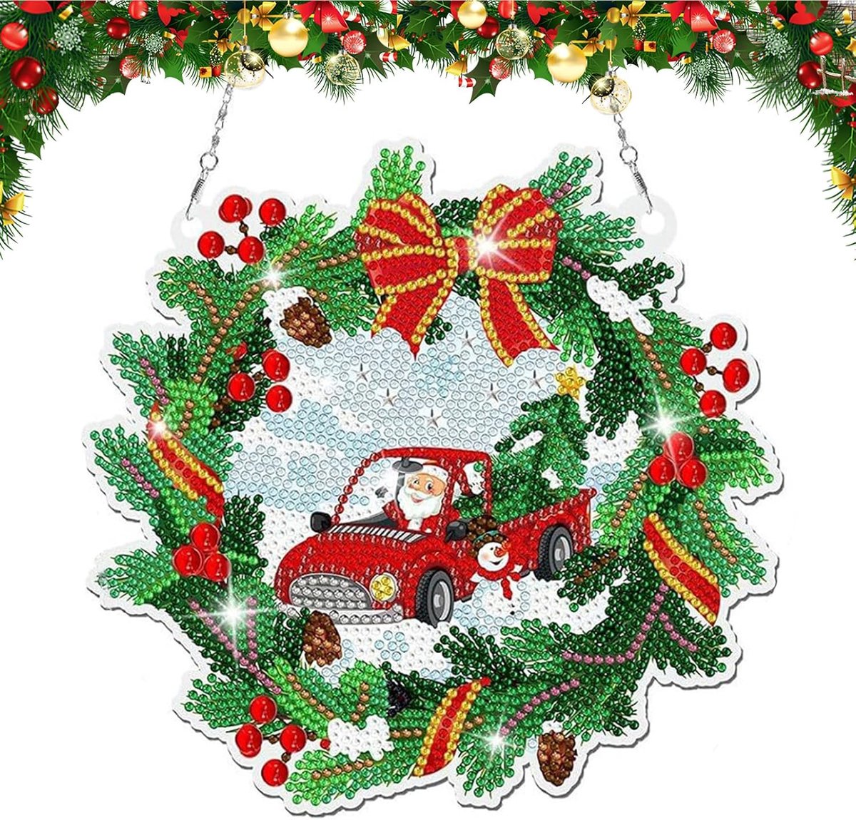 Diamond Painting kersthanger, kerstkrans diamond painting raamafbeeldingen, Crystal Art deurkrans Kerstmis met ketting, kristalschilderen, knutselen, hangend raam en wanddecoratie
