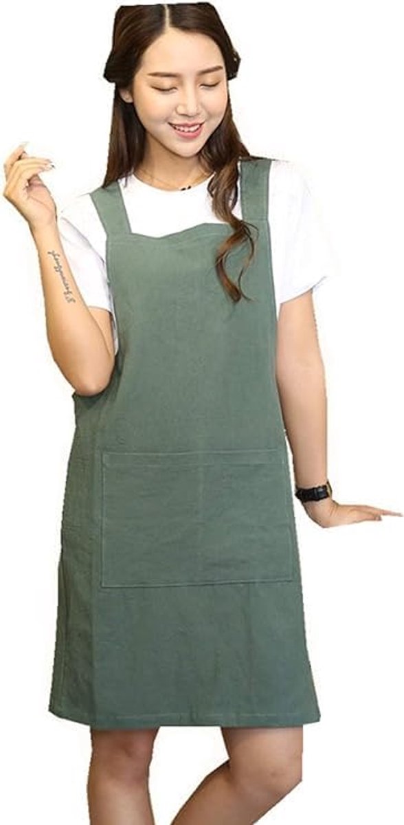 Schort in Japanse stijl, schort zonder binden, schort met gekruiste strepen, met zakken, katoenen schort, geschikt voor keuken, bakken, tuinieren, schilderen, café enz, Groen - Stijl 2, M