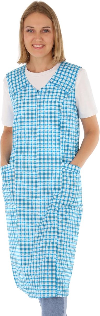 RV-schort dames - schortjurk zonder mouwen - kookschort - huishoudschort - schort voor dames, geruit - 100% katoen, turquoise, 48