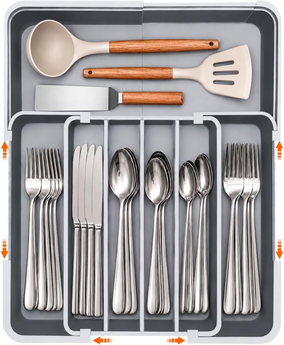 Bestekbak voor laden, bestekinzetstuk, lade-organizer, keuken, antislip en waterdicht, BPA-vrij, 7 vakken, extra grote capaciteit, ruimtebesparend en uitbreidbaar, 24 x 32 tot 38,6 x 48,2 cm