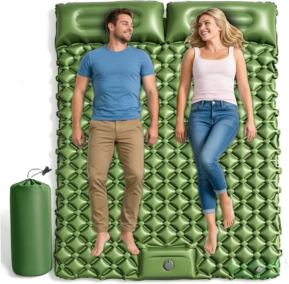 Campingmat voor 2 personen, 190 x 60 cm, opblaasbare campingmatras met voetpomp en kussen, ultralicht en draagbaar, om - ShopVlot