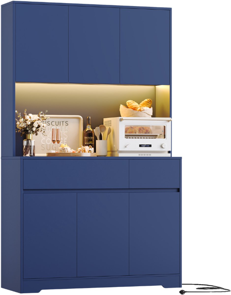 Getone Tall Cabinet – Voor Keuken – LED & Stopcontact, 6 Deuren en 2 Laden met Verstelbare Planken – 180x100x38,5 cm