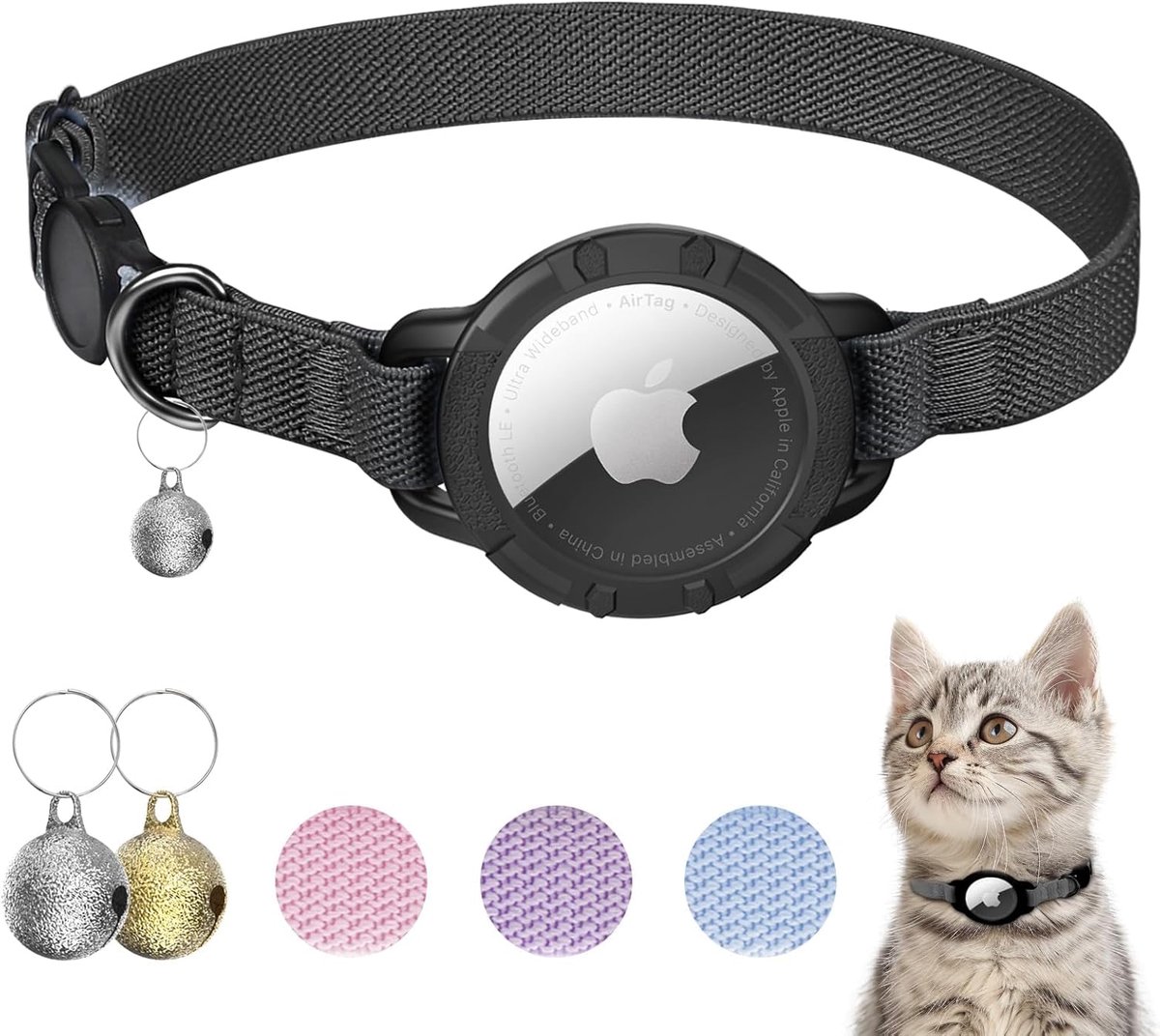 SnelShoppen - AirTag Kattenhalsband, Rekbare Kattentracker Halsband met Bel, Duurzaam en Geschikt voor Kittens, Katten en Puppy’s, Zwart, Perfect voor