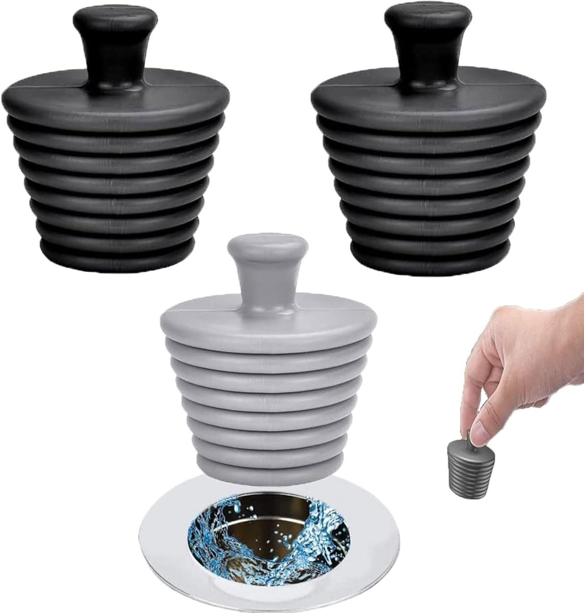 Set van 3 Universele Siliconen Afvoerstoppen voor Keuken en Badkamer - Zwart en Grijs, Waterdicht en Duurzaam