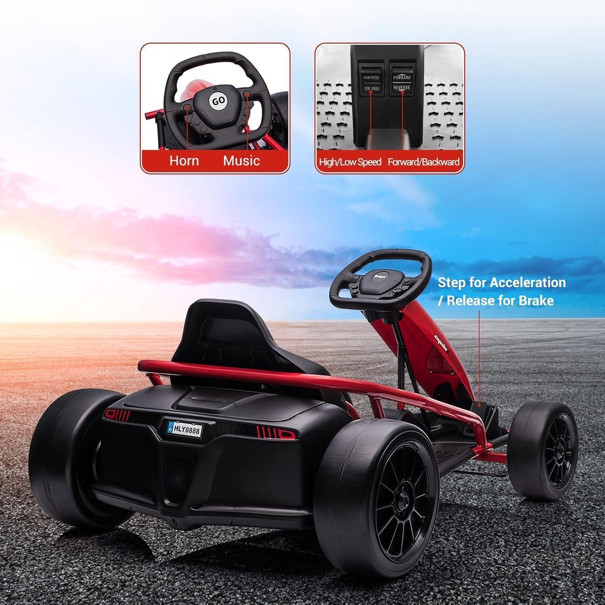 SnelShoppen - Krachtige 24 V elektrische skelter voor kinderen met 2 x 300 W motoren, driftfunctie, 8 km/u, muziek, zachte start, veiligheidsgordel, o