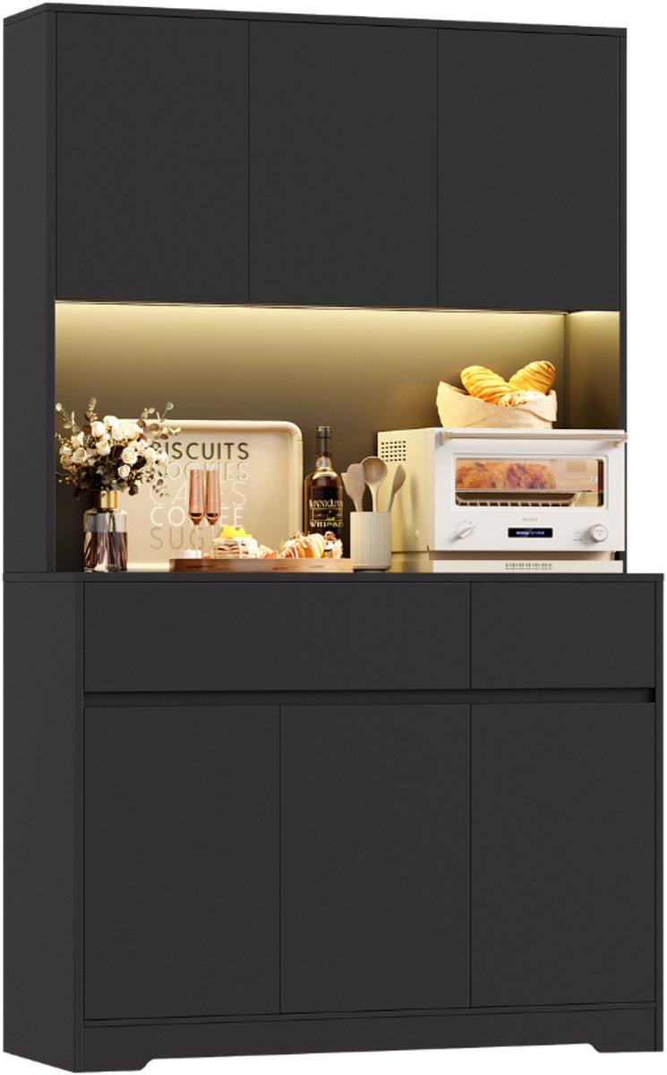 Getone Tall Cabinet – Voor Keuken – LED & Stopcontact, 6 Deuren en 2 Laden met Verstelbare Planken – 180x100x38,5 cm
