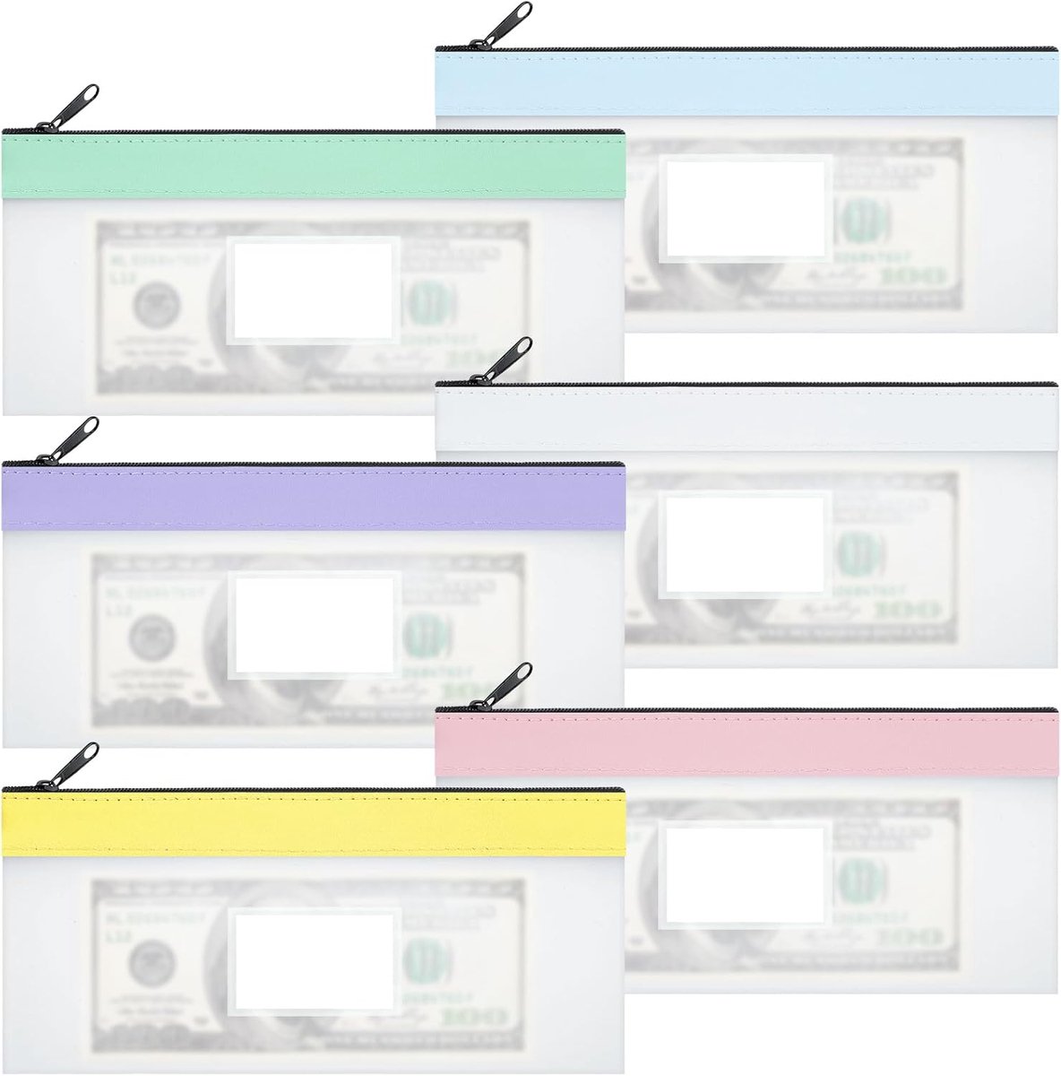 6 stuks geldtassen banktas, 20 x 10 cm transparante etui zakjes met ritssluiting voor contant geld, cheques, bonnetjes, organizer