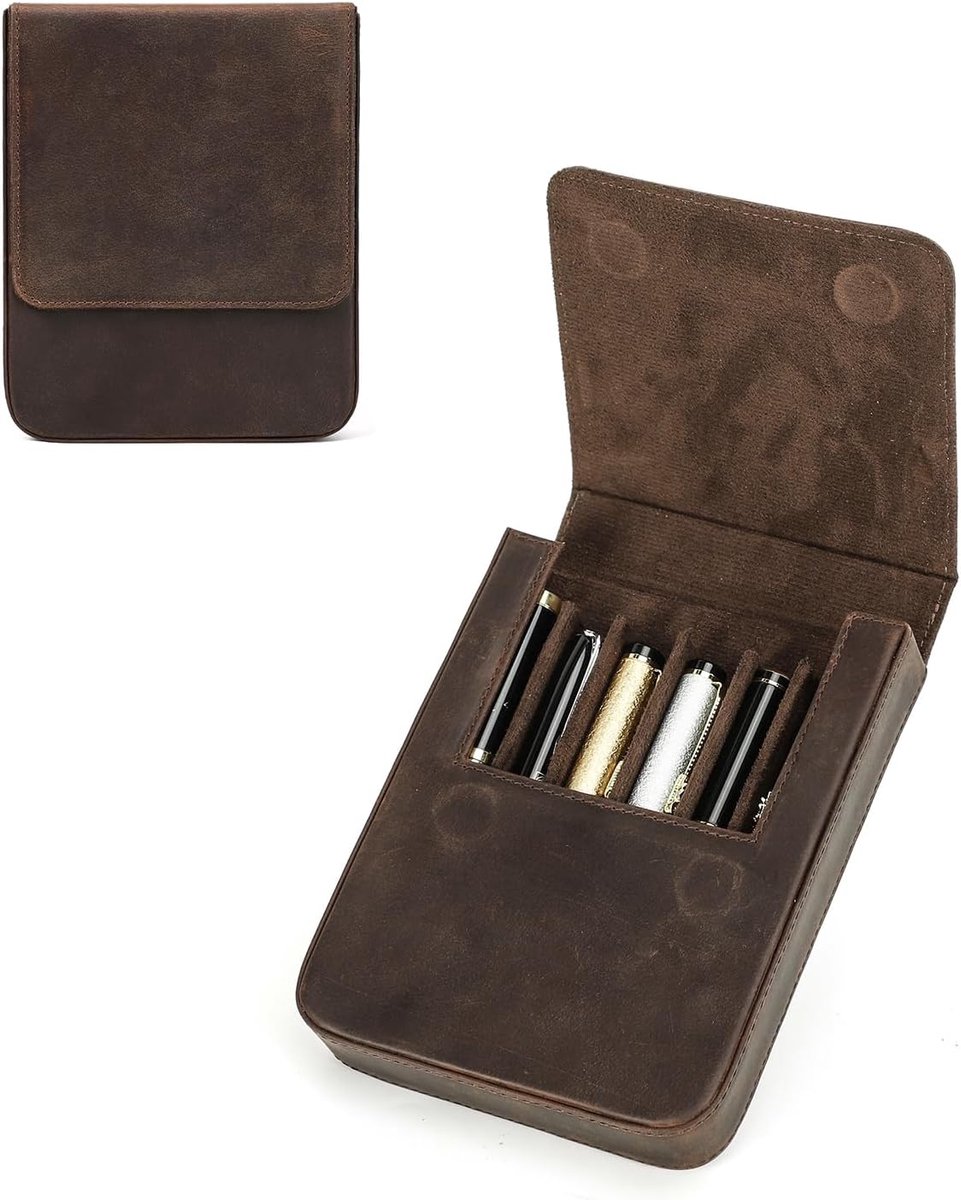 FAMILY Lederen pennenetui, vintage handgemaakte echt lederen vulpen organizer case, pennenopslag geschenkdoos (koffiebruin)