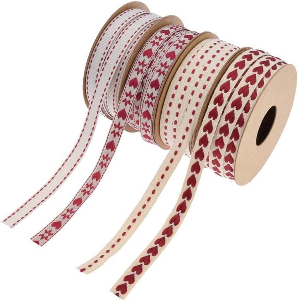 4 rollen harten cadeaulint lint met hart, enkele lijn, twee lijnen, ripslint decoratielint stoffen band om te knutselen voor doe-het-zelf handwerk, bloemenboeket, geschenkverpakking,