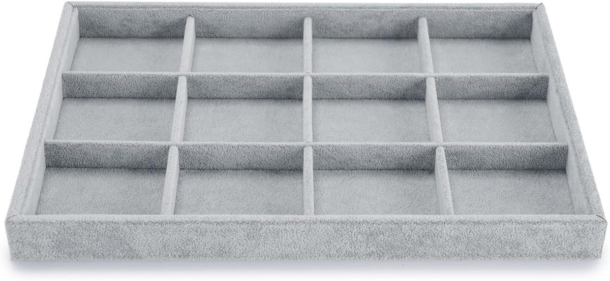 stapelbaar, van fluweel, sieradenopslag, lade, sieradeninzetstuk, organizer, 12 vakken, sieradendisplay voor halsketting, armband (grijs)