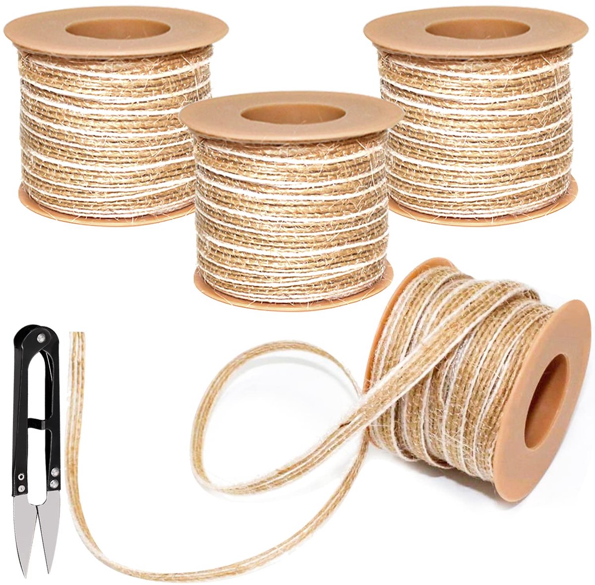 Jute Lint 4 rollen 10M jute cadeaulint natuurlijk satijnen lint striklint decoratief lint jute lint met schaar voor doe-het-zelf knutselen bruiloften feesten woondecoratie linnen
