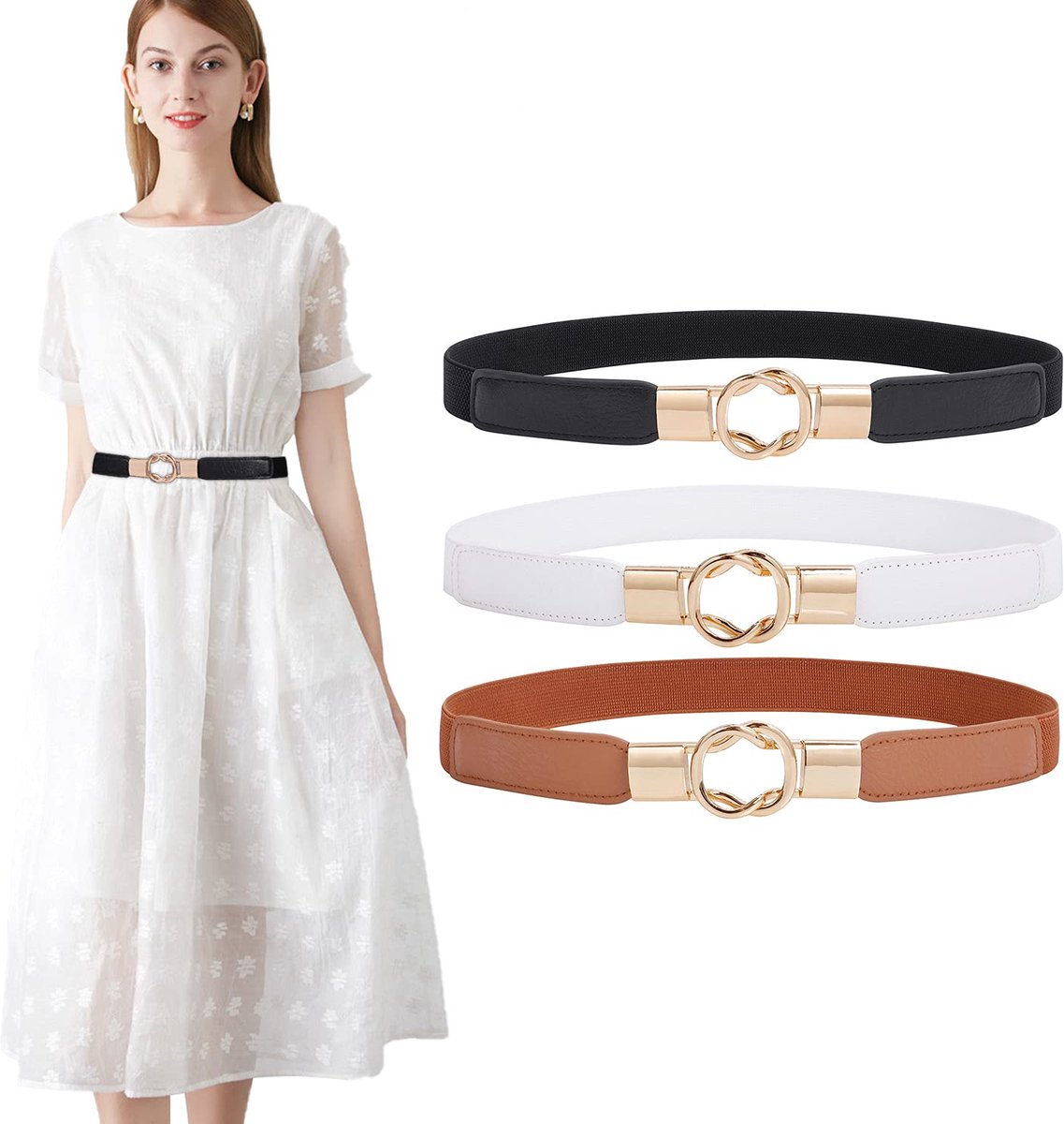 Elastische riem voor dames, skinny riem voor jurken, retro stretch, tailleriem, dunne riem met gesp, 4 stuks