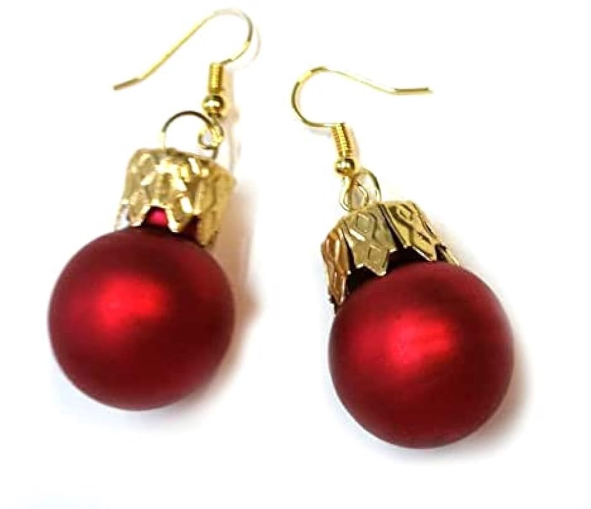 Kerstballen, kerstboomballen, handgemaakte modesieraden, Kerstmis, Xmas, rood mat, oorhangers, oorsieraden, verguld, 27mm, Glas