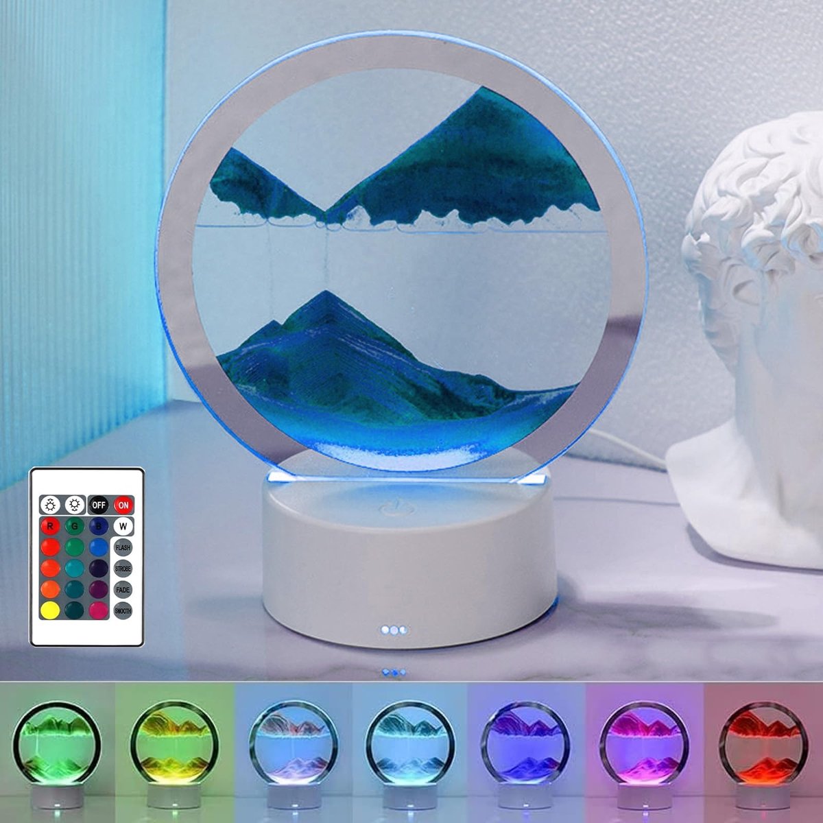 3D vloeiend zandschilderij-nachtlampje, 360 graden draaibaar, zandloper, decoratie met ledlicht en afstandsbediening, 3D-bewegende zandkunst, tafellamp voor thuis, kantoor, desktopdecoratie,