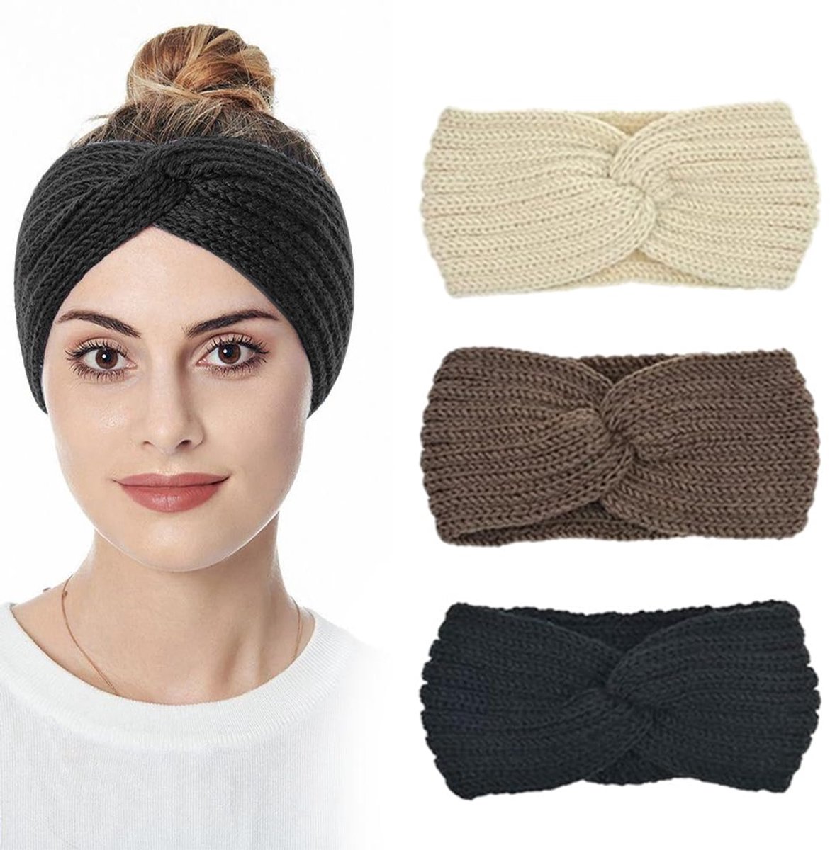 3 stuks dameshaarbanden, haarband voor dames, winter, gebreide haarbanden, winter, gehaakte naald, hoofd, wikkelen, beige, zwart, kaki