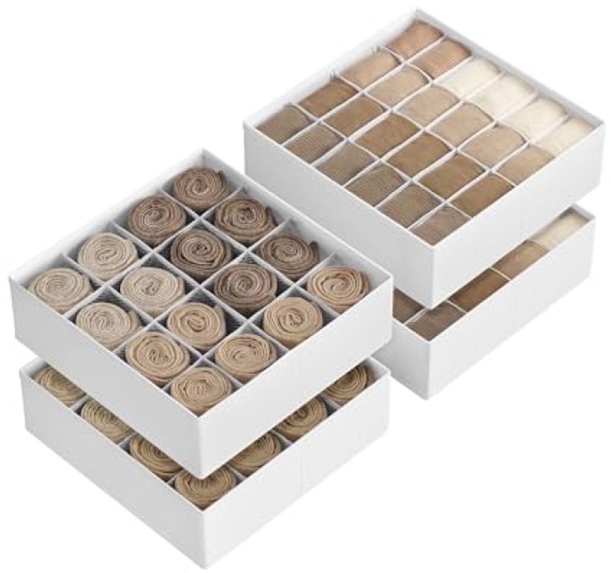Huis Geluk Set van 4 lade-organizers, 80 vakken, opvouwbare kastorganizer, 30 x 30 x 10 cm, dozen voor sokken, ondergoed, riemen, crèmewit