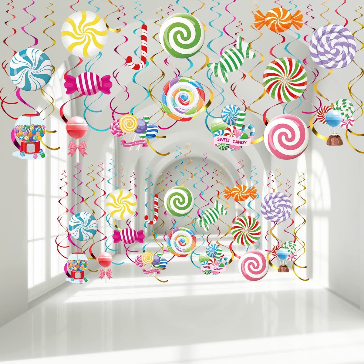 36 Stks Candyland Party Decoraties Snoep Opknoping Wervelingen Kleurrijke Swirl Lolly Decor voor Candyland Verjaardagsfeestje Baby Shower Snoepjes Winkel Klaslokaal Home Decor