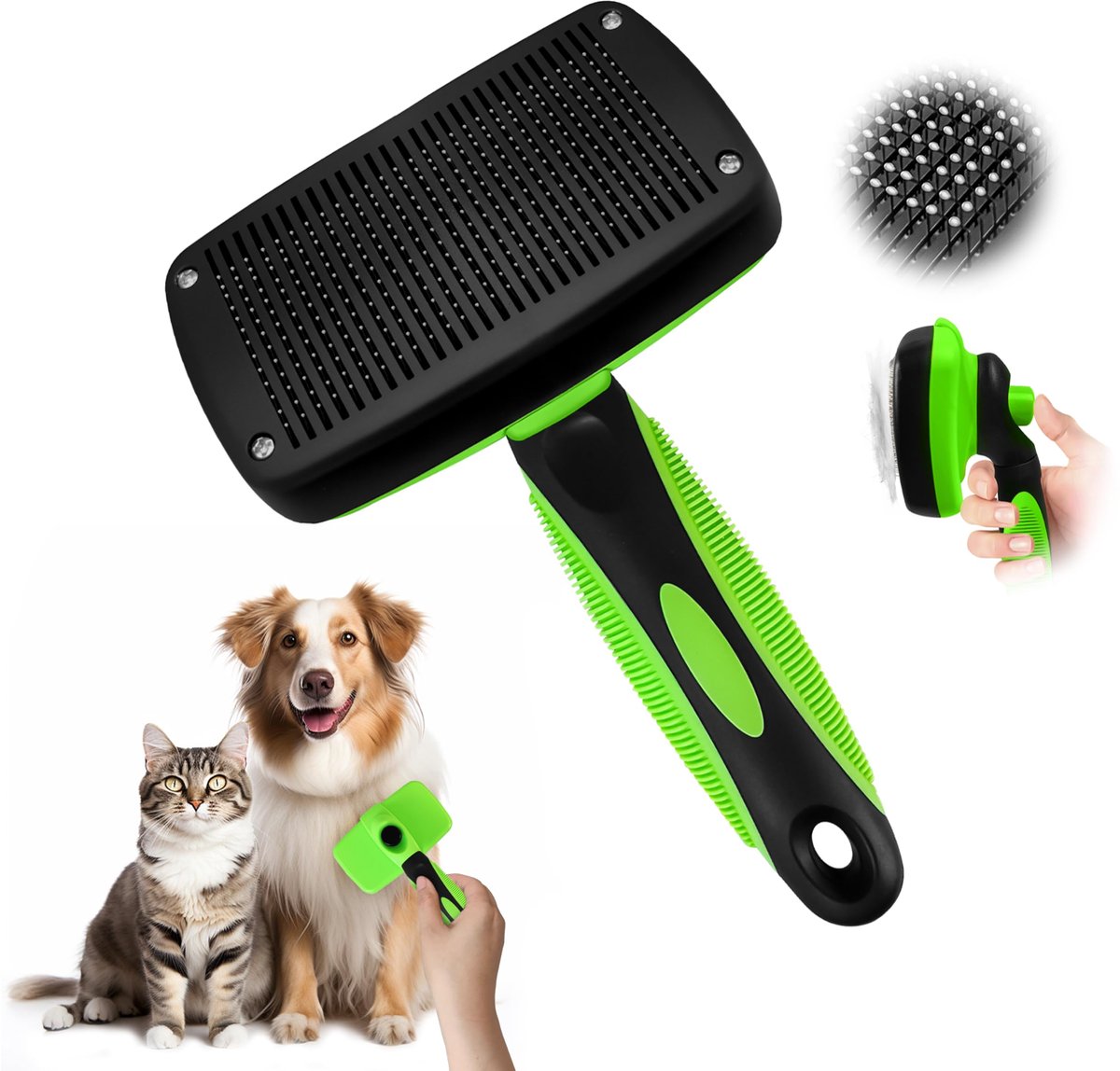 Kattenborstel voor Katten en Honden met Lange en Korte Vacht Zelfreinigende Huisdierborstel voor Het Verwijderen van Onderwol, Groen