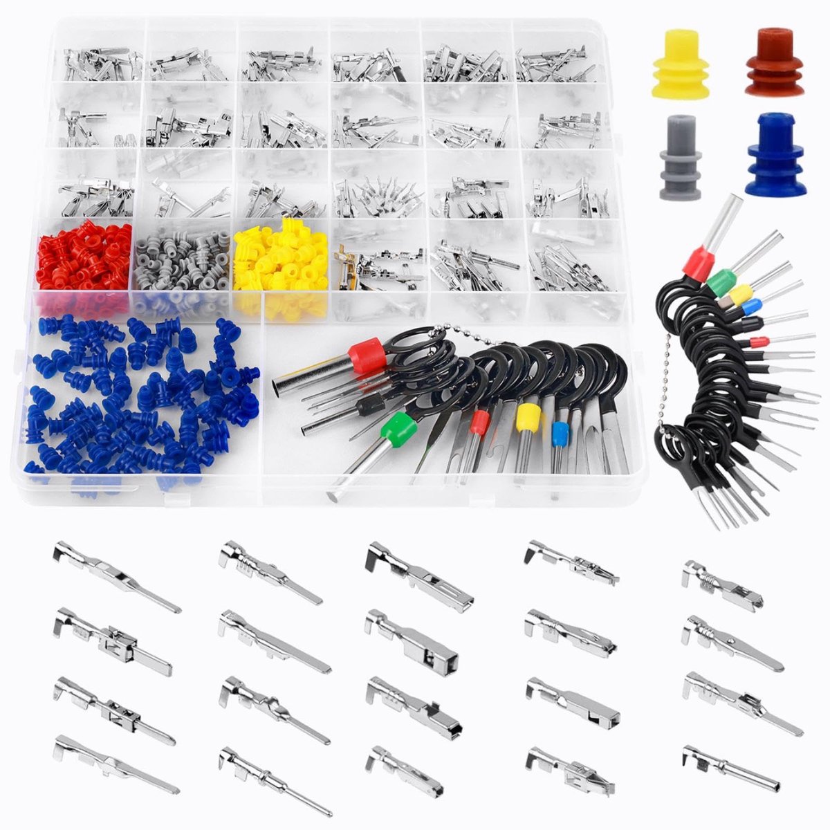 590 stuks auto-stekkers, connectorpinnenkit, 1/1,5/1,8/2,2/2,8/3,5 mm mannelijke en vrouwelijke draadafdichtingen verwijderingsgereedschapsset voor motorfietsen, auto's en boten